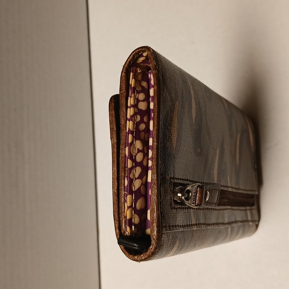 Fossil Vintage Brown Purple Bird Pattern Wallet GUC - Picture 3 of 12